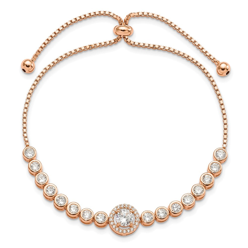 Sterling Silver Rose-tone Bezel Set CZ & CZ Halo Adjustable Bracelet