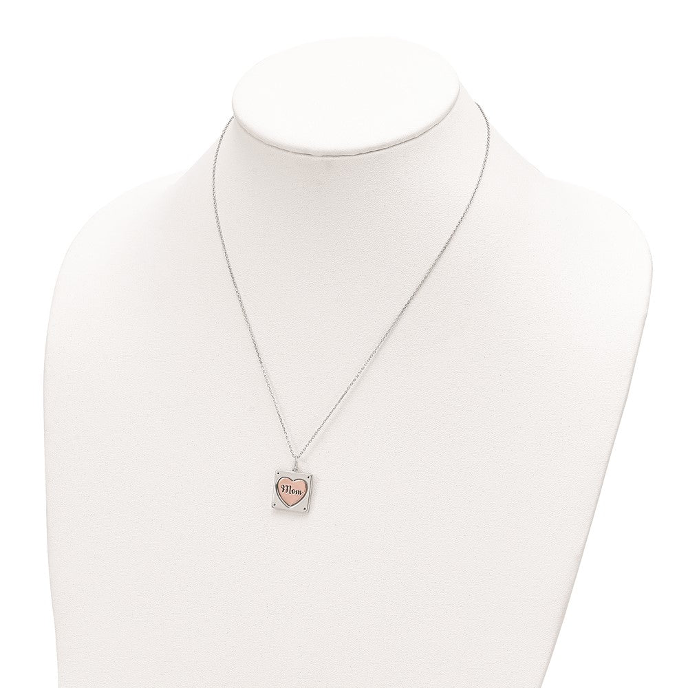 Sterling Silver RH-plated Rose-tone MOM/LOVE Heart Center Spins CZ w/2in ex