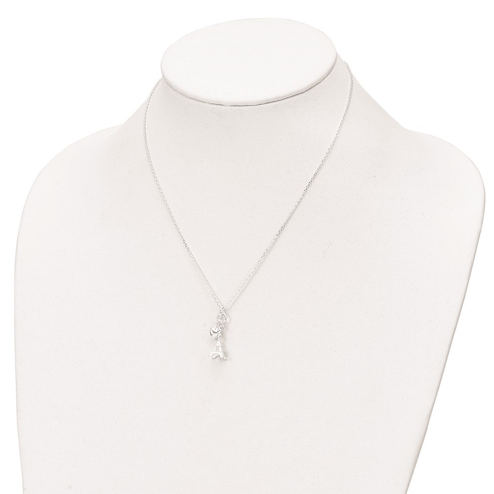Sterling Silver Polished Eiffel Tower & Heart Necklace
