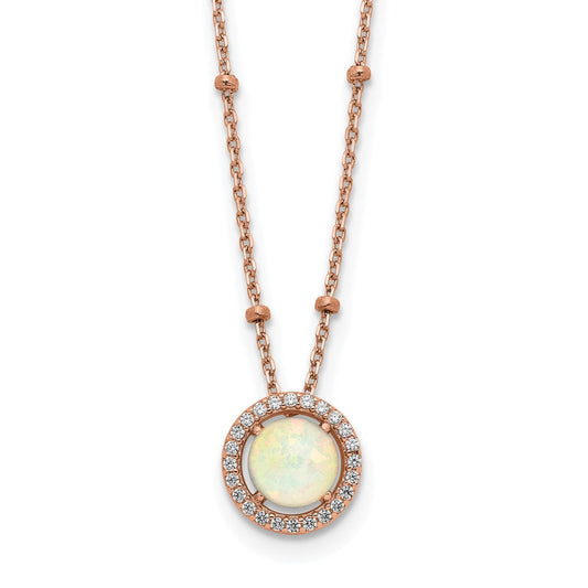 Sterling Silver Rose-tone White Created Opal CZ w/2 in ext. Necklace