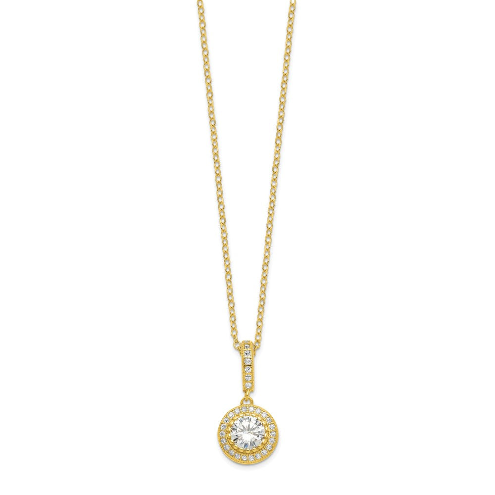 Sterling Silver Polished Gold-tone CZ 18in Necklace/Post Earrings Set