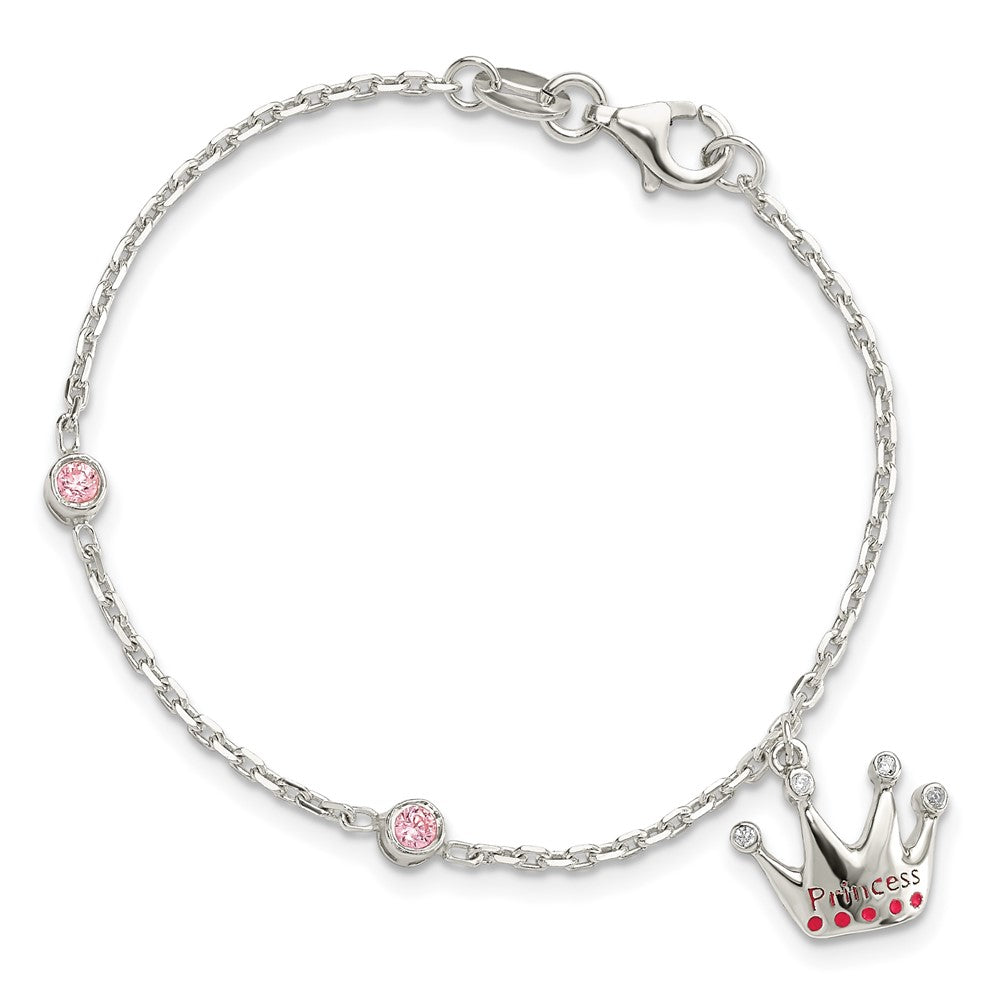 Sterling Silver Polished Pink & White CZ and Enameled Princess Crown Children's Bracelet