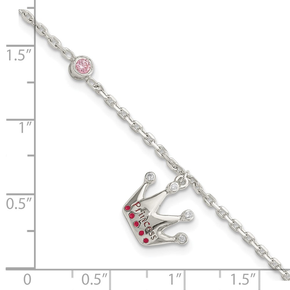 Sterling Silver Polished Pink & White CZ and Enameled Princess Crown Children's Bracelet