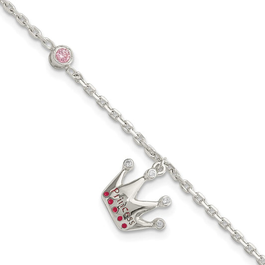 Sterling Silver Polished Pink & White CZ and Enameled Princess Crown Children's Bracelet