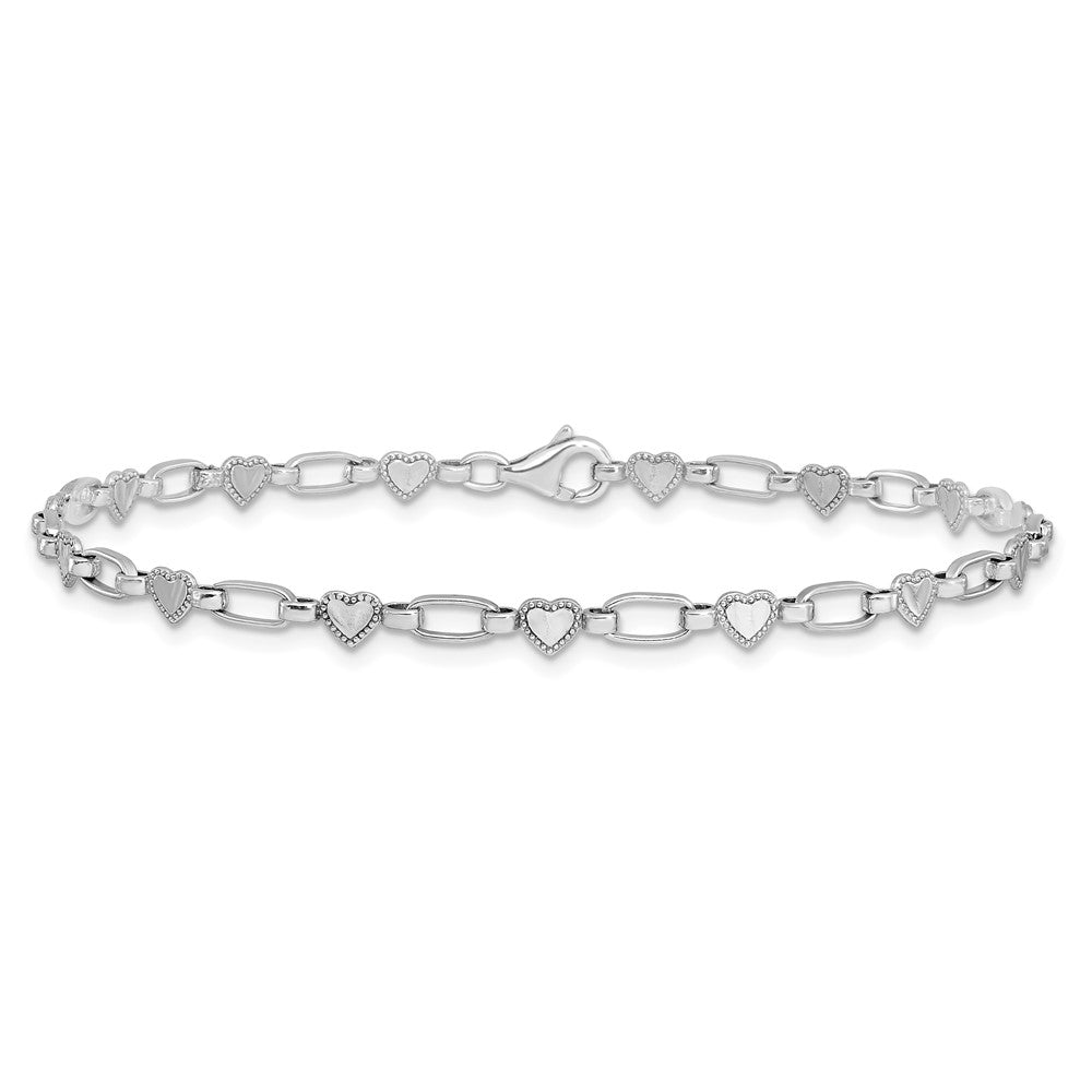 Sterling Silver Rhodium-plated Heart Link 10in Anklet