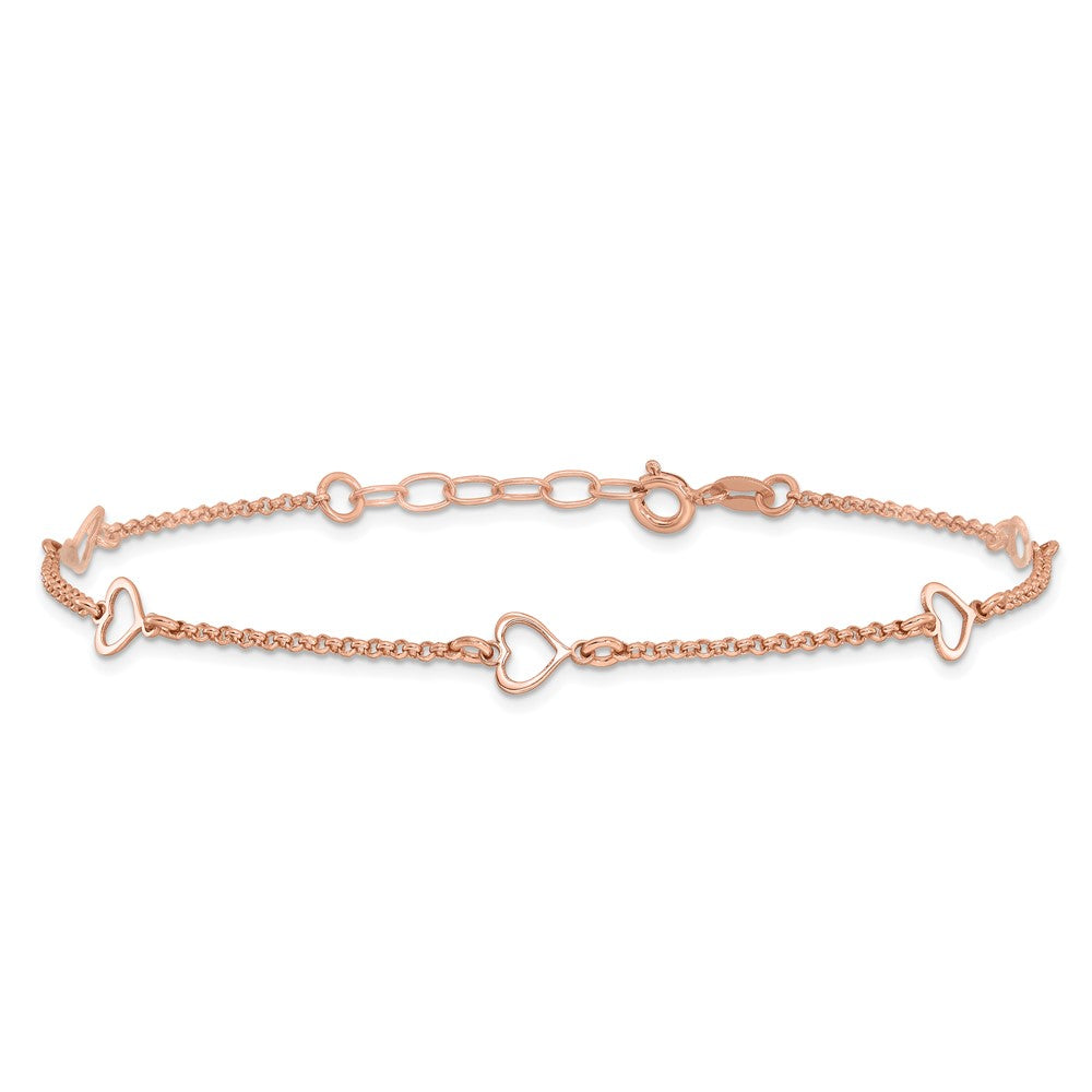 Sterling Silver Rose Tone Hearts 9in Plus 1in ext Anklet