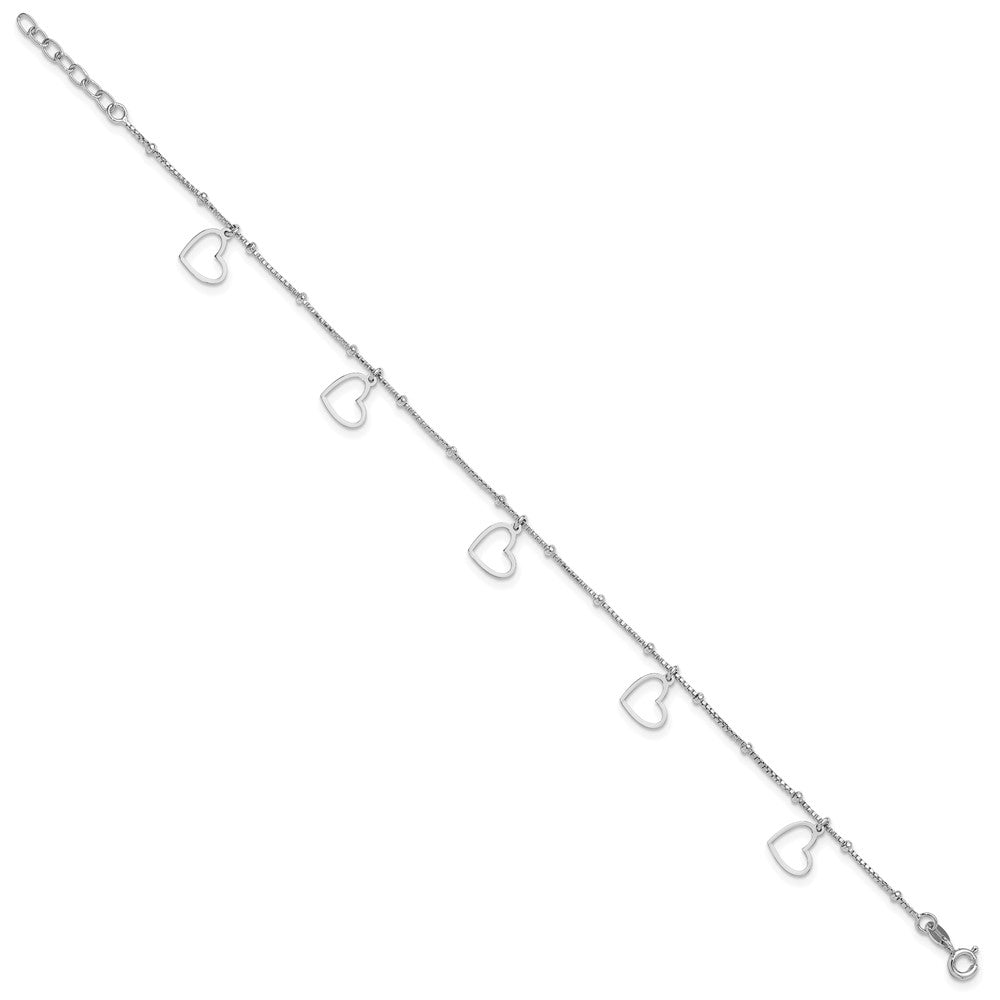 Sterling Silver Rhodium-plated Heart Dangles 9in Plus 1in ext Anklet