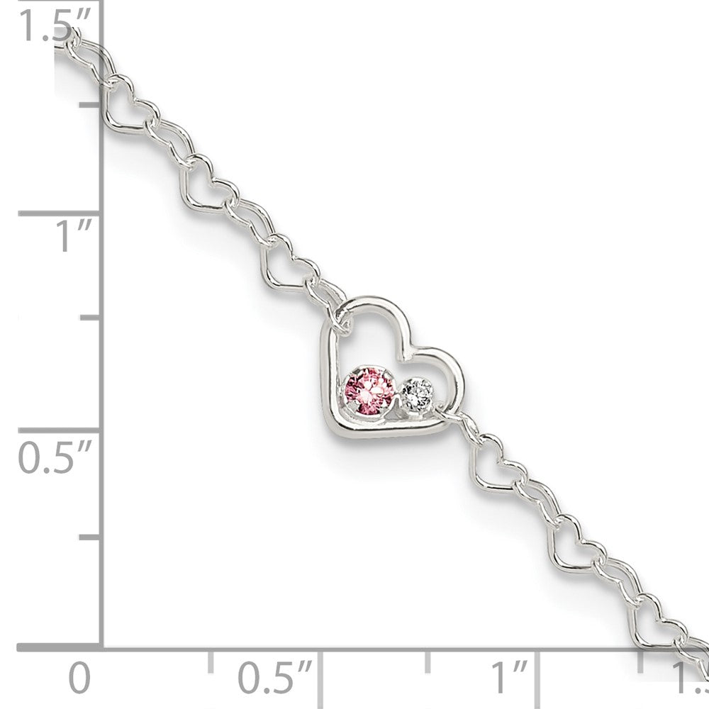 Sterling Silver Polished CZ Heart Link 9in Plus 1in ext. Anklet