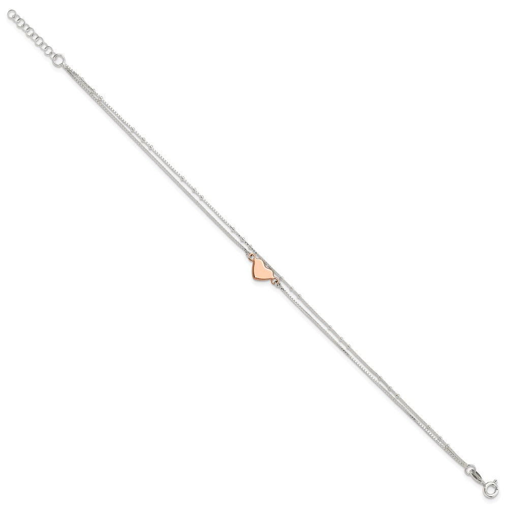 Sterling Silver Rose Tone 2-Strand Heart 9in Plus 1in ext. Anklet