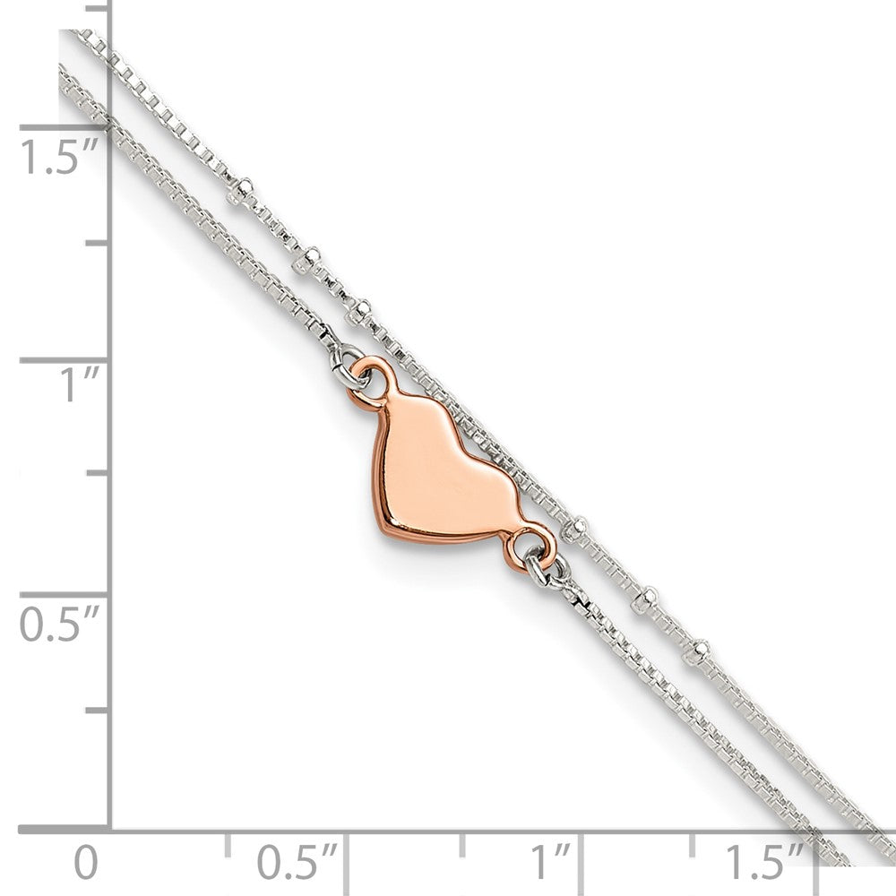 Sterling Silver Rose Tone 2-Strand Heart 9in Plus 1in ext. Anklet
