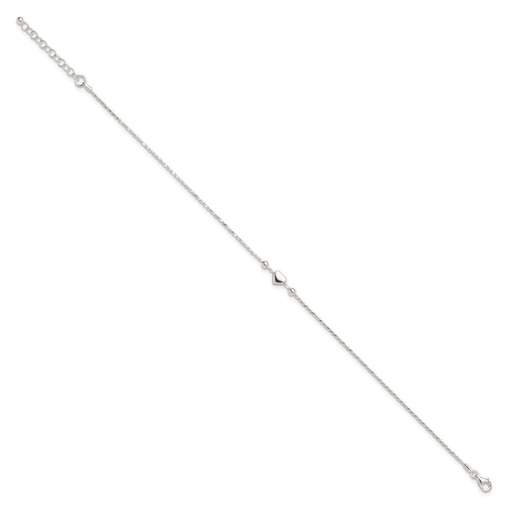 Sterling Silver Polished Heart 9in Plus 1in ext. Anklet