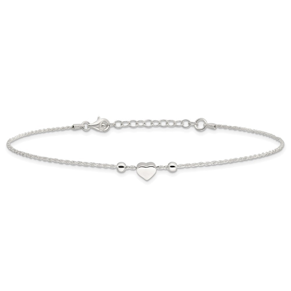 Sterling Silver Polished Heart 9in Plus 1in ext. Anklet