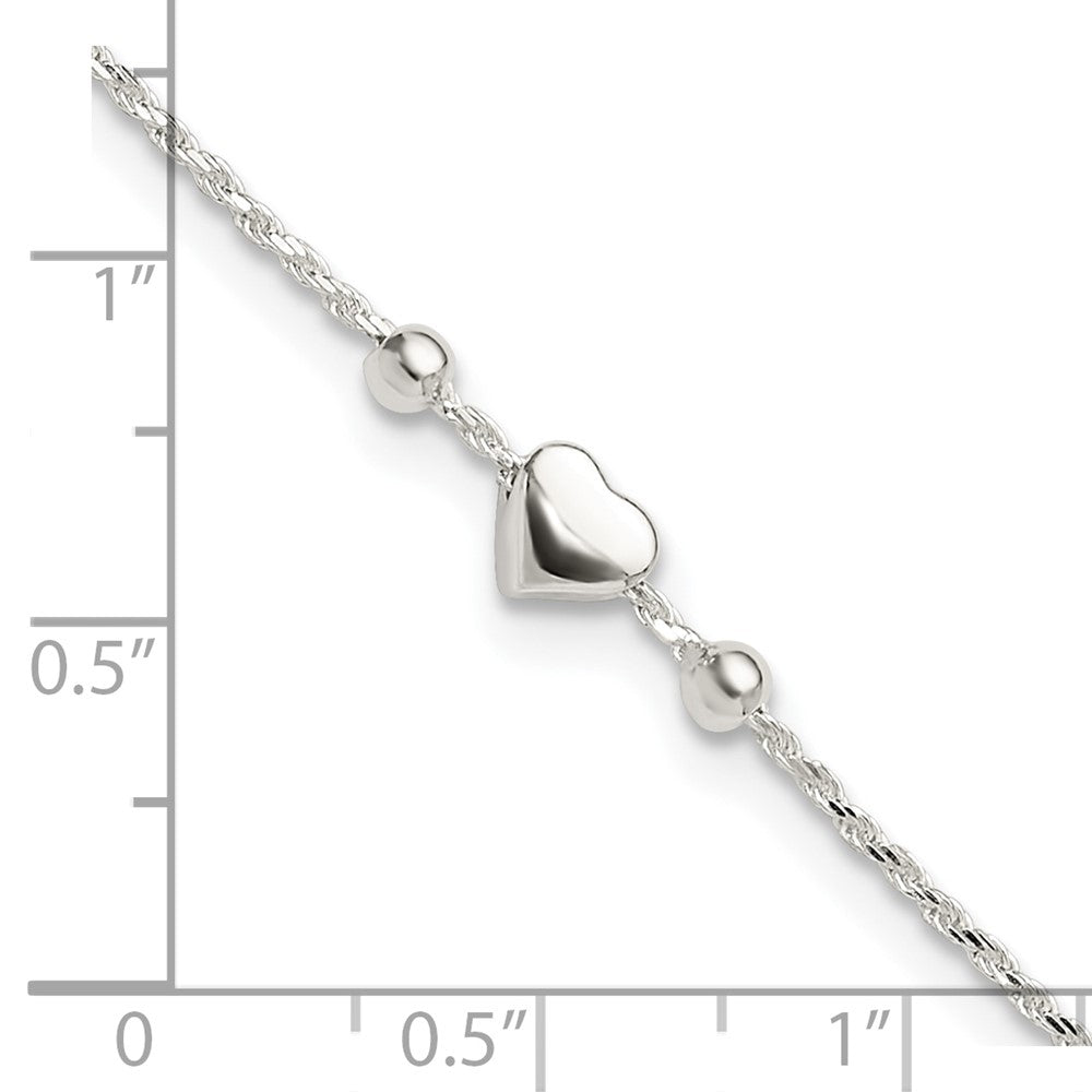 Sterling Silver Polished Heart 9in Plus 1in ext. Anklet