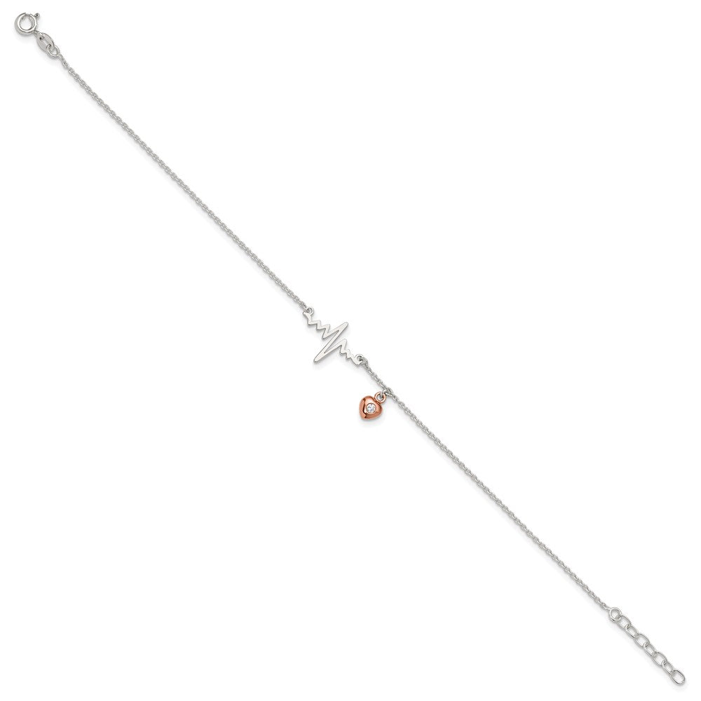 Sterling Silver Rose Tone CZ Heart and Heartbeat 9in Plus 1in ext. Anklet