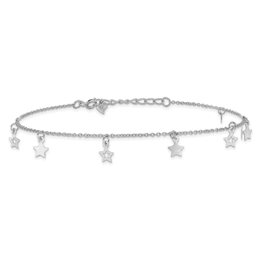 Sterling Silver Rhodium-plated Polished Star 9.5in Plus 1in ext. Anklet