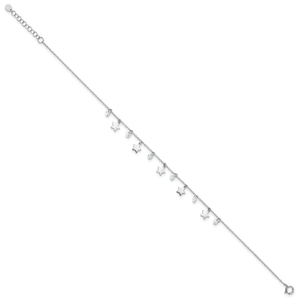 Sterling Silver Rh-plated Polished and Satin Stars CZ 9in Plus 1in ext Ankl