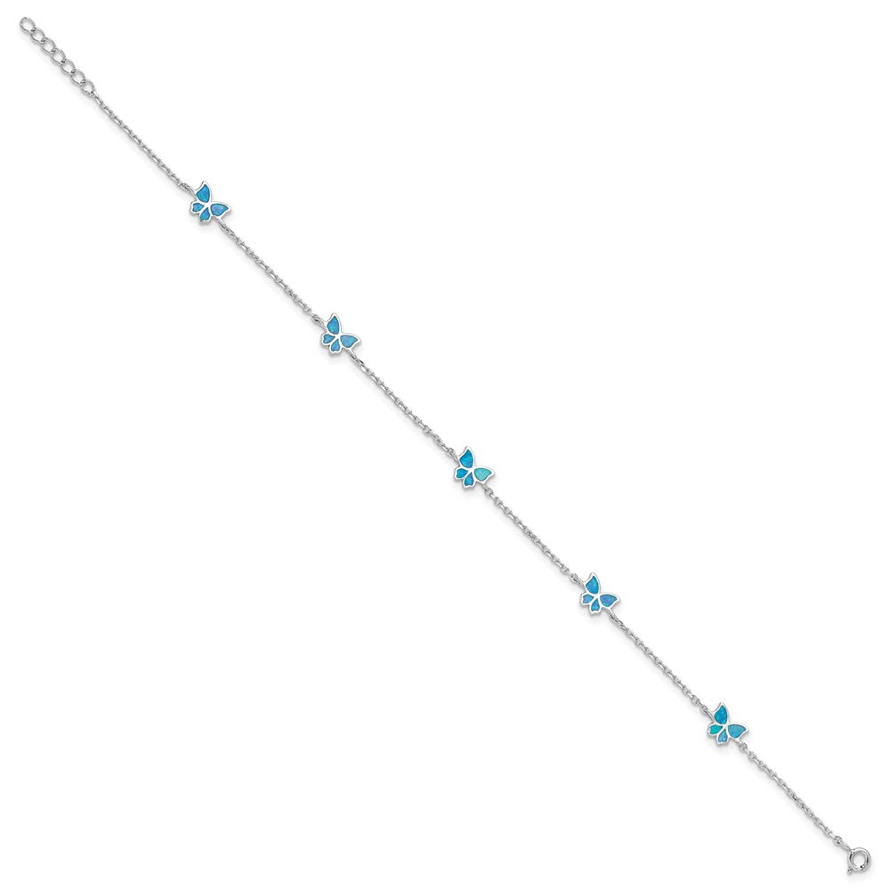 Sterling Silver RH-plated Blue Cr. Opal Butterflies 9in Plus .5in ext Ankle