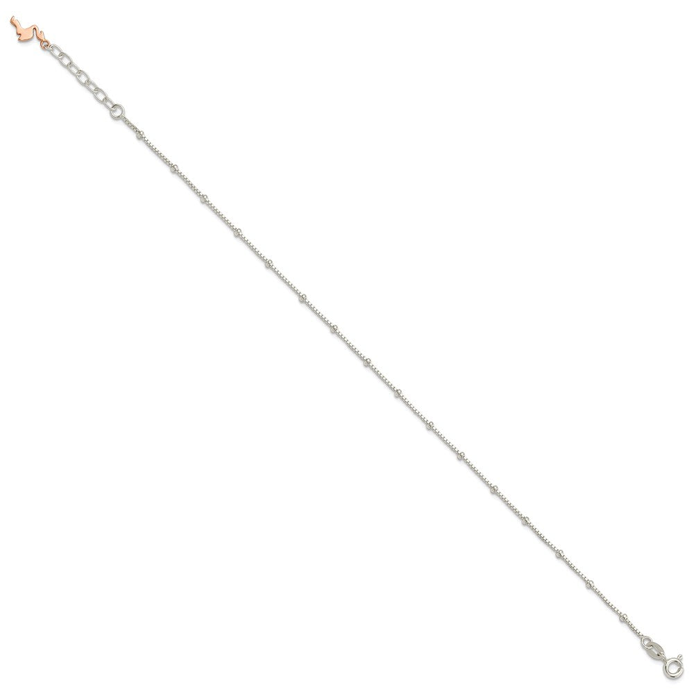 Sterling Silver Beaded Rose Tone Flamingo 9in Plus 1 inch Ext Anklet