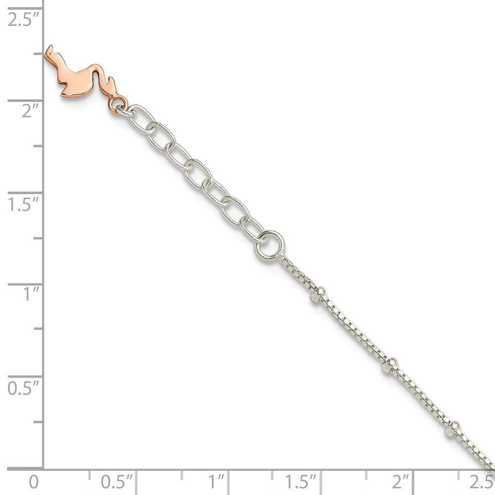 Sterling Silver Beaded Rose Tone Flamingo 9in Plus 1 inch Ext Anklet