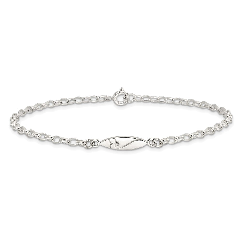 Sterling Silver Antiqued Polished Etched Pointed Oval Link Anklet