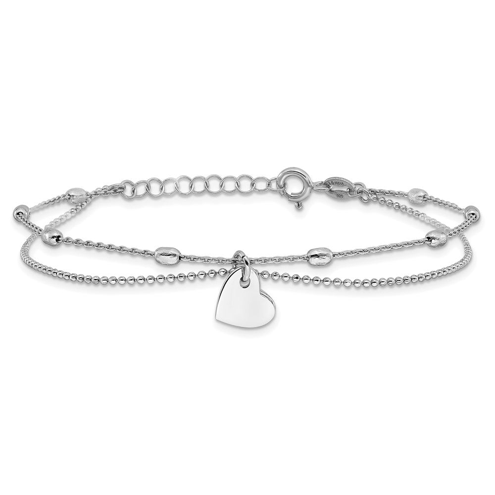 Sterling Silver Rhod-pltd Brushed Heart Beaded 7.25in w/1in ext Bracelet