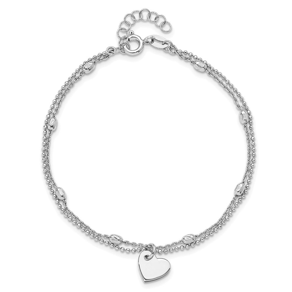 Sterling Silver Rhod-pltd Brushed Heart Beaded 7.25in w/1in ext Bracelet