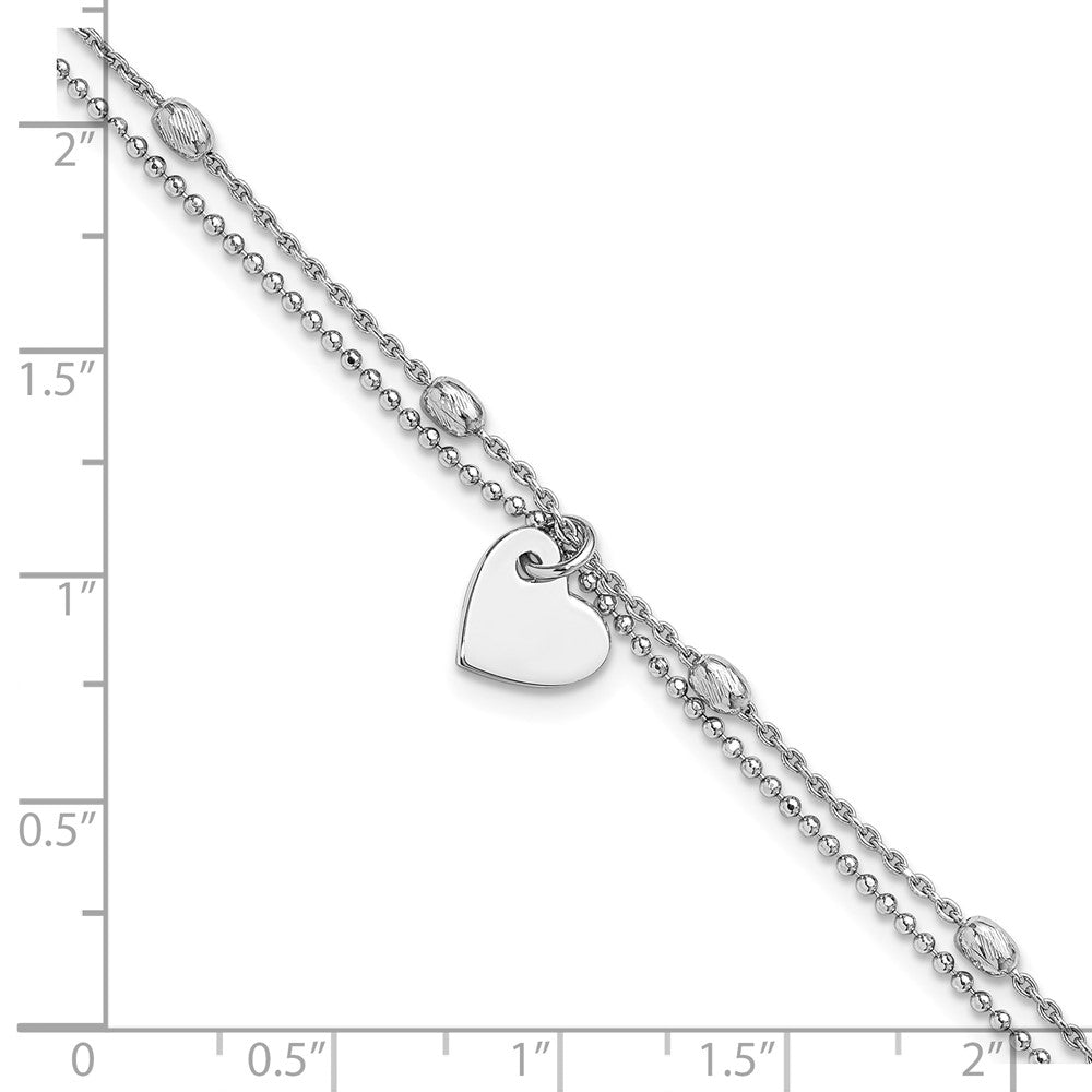 Sterling Silver Rhod-pltd Brushed Heart Beaded 7.25in w/1in ext Bracelet