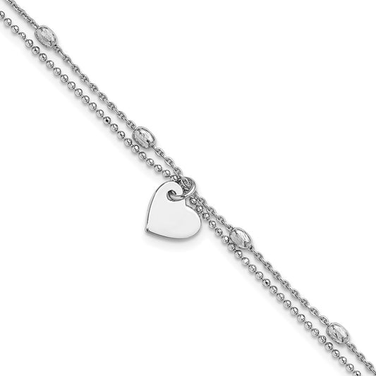 Sterling Silver Rhod-pltd Brushed Heart Beaded 7.25in w/1in ext Bracelet