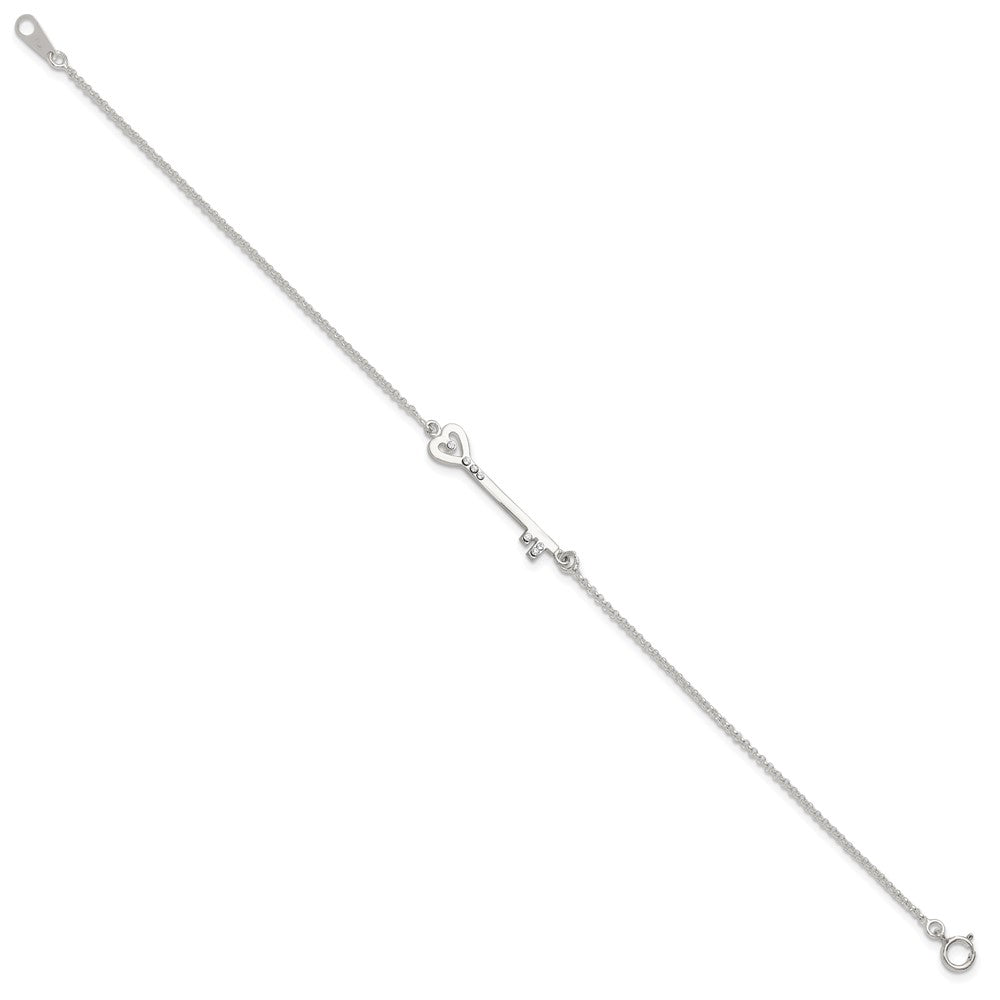 Sterling Silver Polished CZ Heart Key Bracelet