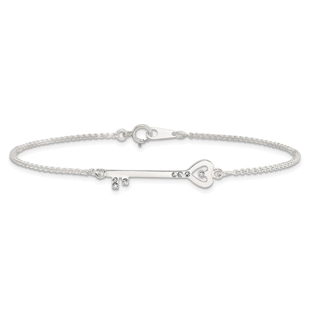 Sterling Silver Polished CZ Heart Key Bracelet