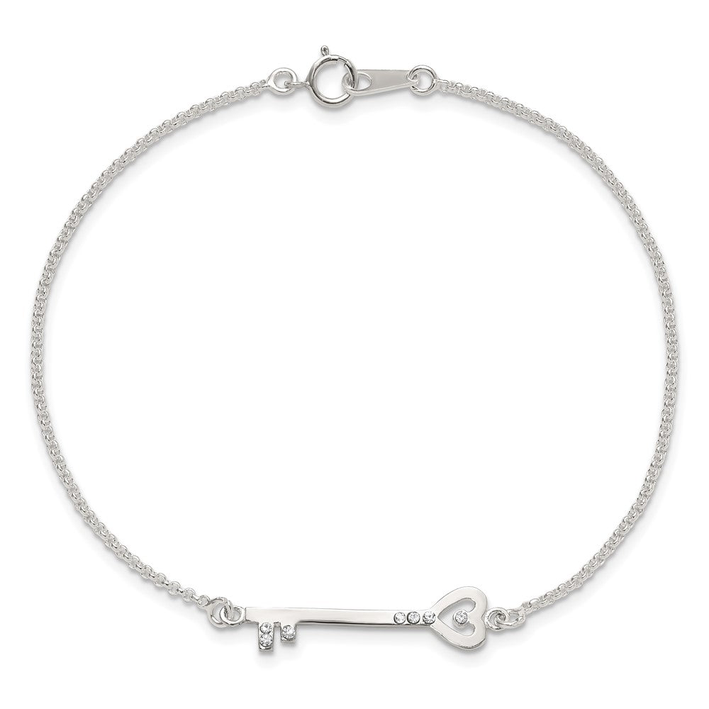 Sterling Silver Polished CZ Heart Key Bracelet