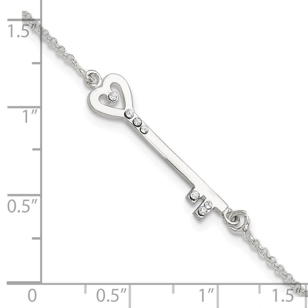 Sterling Silver Polished CZ Heart Key Bracelet