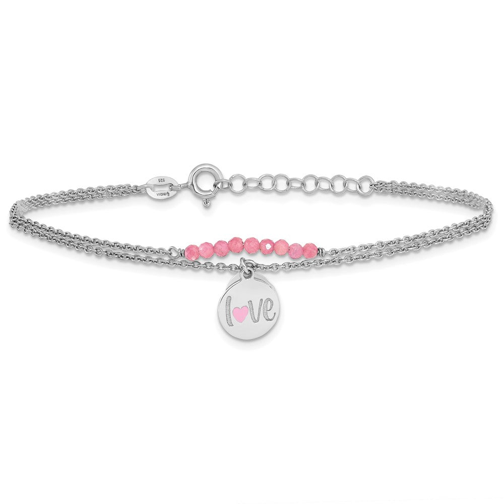 Sterling Silver Rhod-pltd Enamel LOVE Pink Tourm 7.25in w/1in ext Bracelet