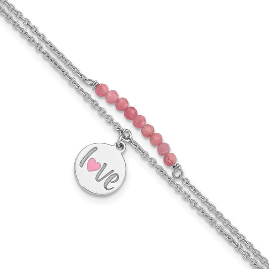 Sterling Silver Rhod-pltd Enamel LOVE Pink Tourm 7.25in w/1in ext Bracelet
