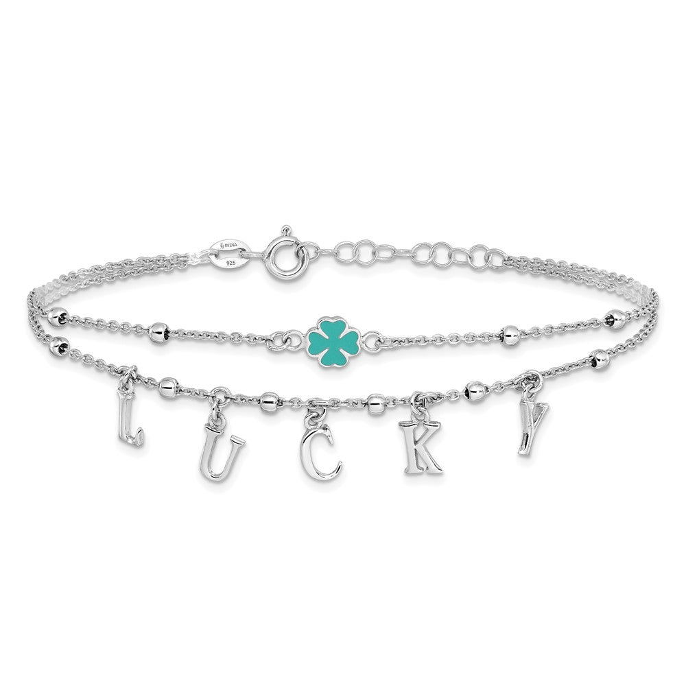 Sterling Silver Rhod-pltd Enamel Clover LUCKY 7.25in w/1in ext Bracelet