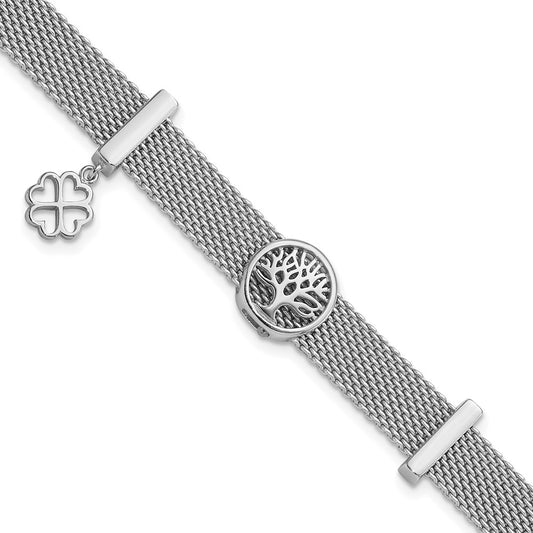 Sterling Silver Rh-plated Mesh Tree with Clover Dangle 6.75in Bracelet