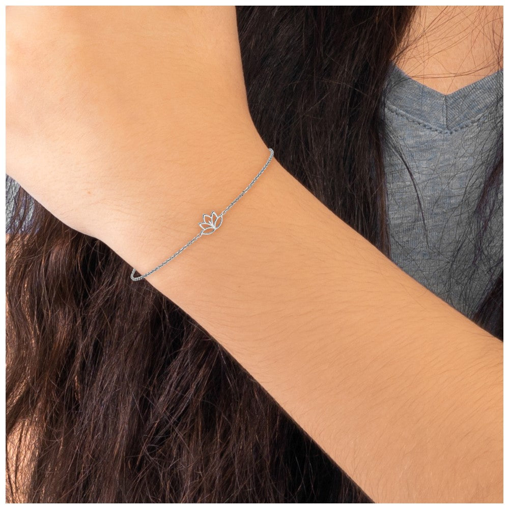 Sterling Silver Rhodium-plated Lotus Flower w/.5 in ext. Bracelet