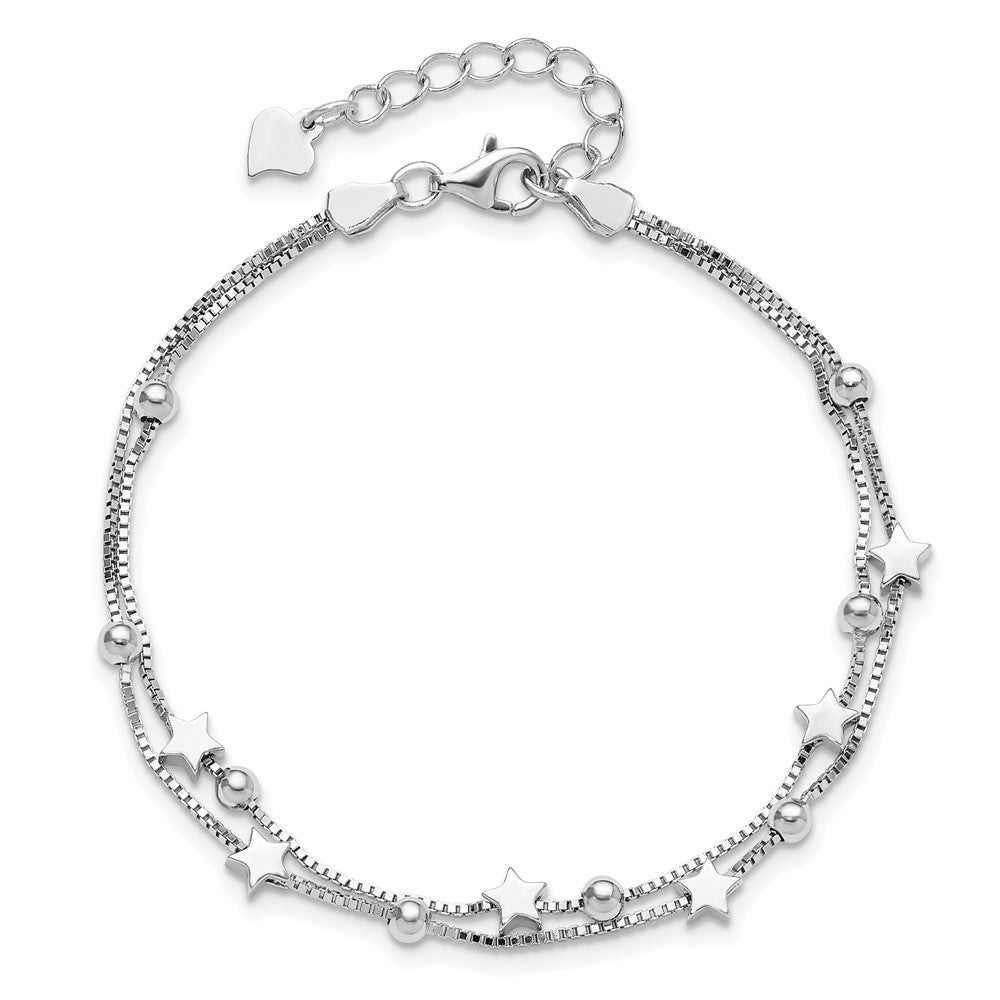 Sterling Silver Rhod-plated 6.5 1in ext Two Strand Star/Bead Bracelet