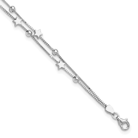 Sterling Silver Rhod-plated 6.5 1in ext Two Strand Star/Bead Bracelet