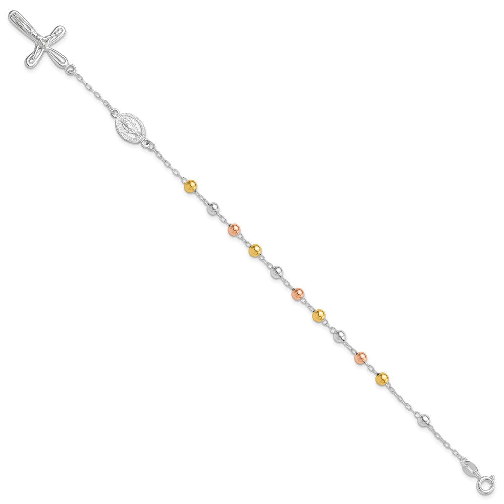 Sterling Silver Rh-plated Rose and Gold-Tone Cross Rosary Bracelet