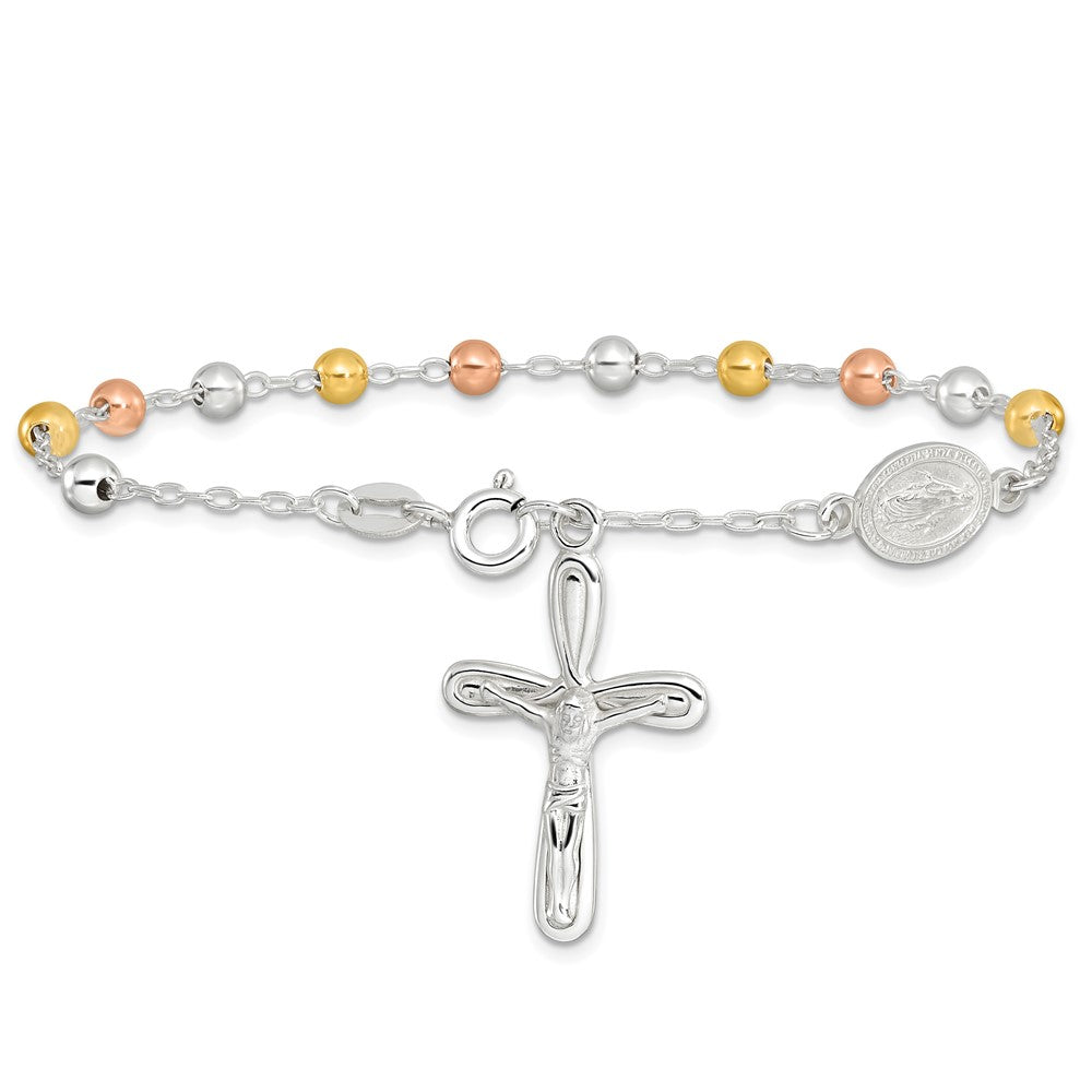 Sterling Silver Rh-plated Rose and Gold-Tone Cross Rosary Bracelet