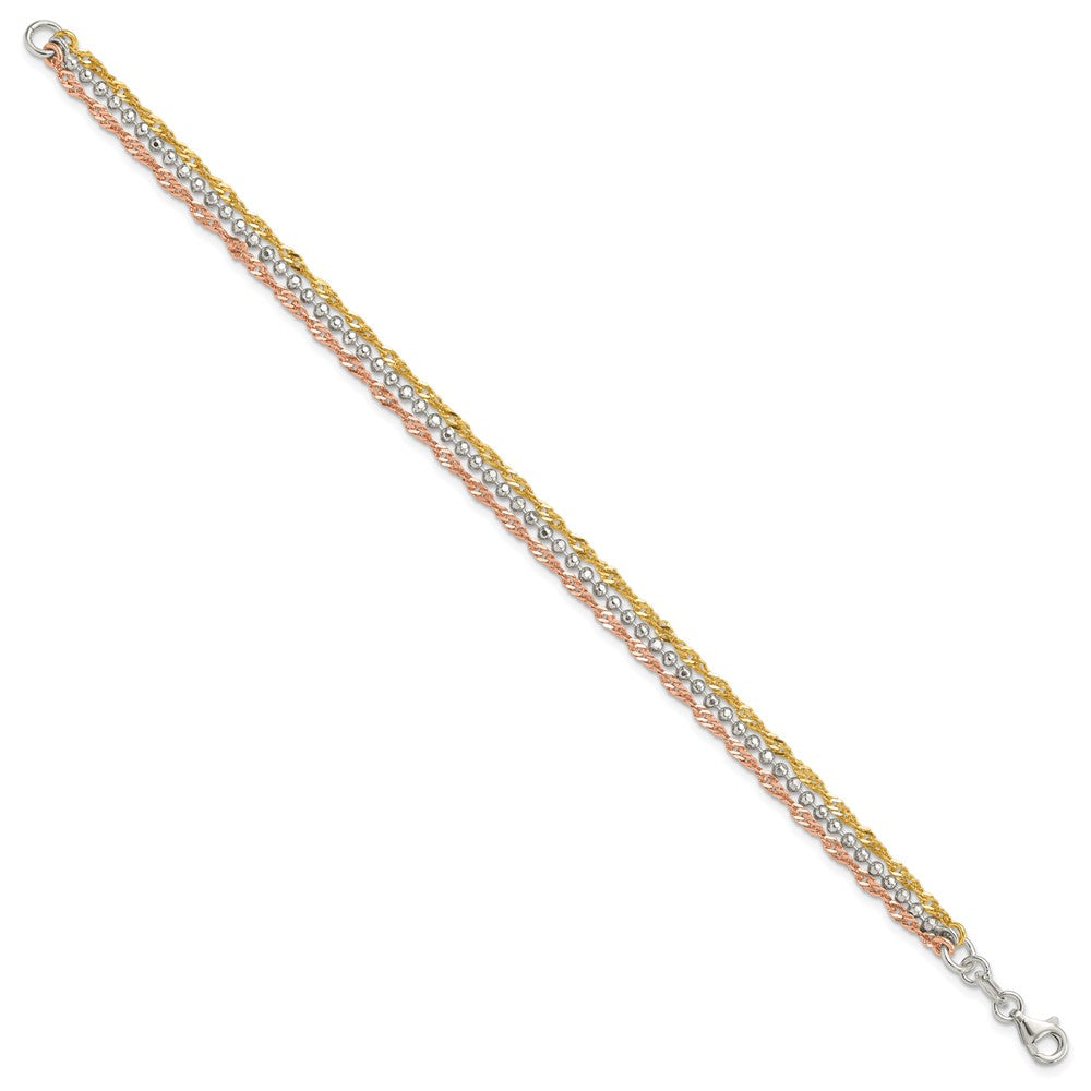 Sterling Silver Gold Tone and Rose Tone 3 Strand 7.5in Bracelet