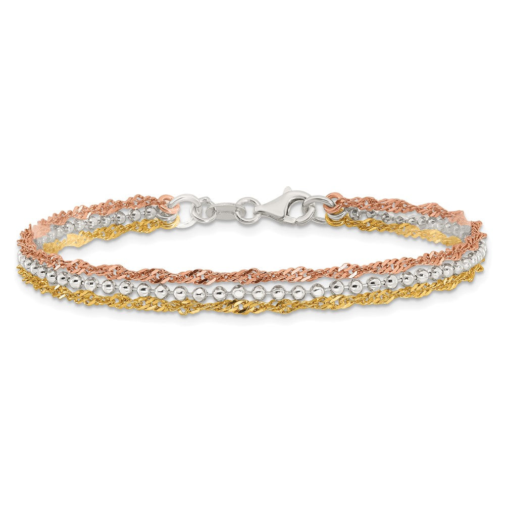 Sterling Silver Gold Tone and Rose Tone 3 Strand 7.5in Bracelet