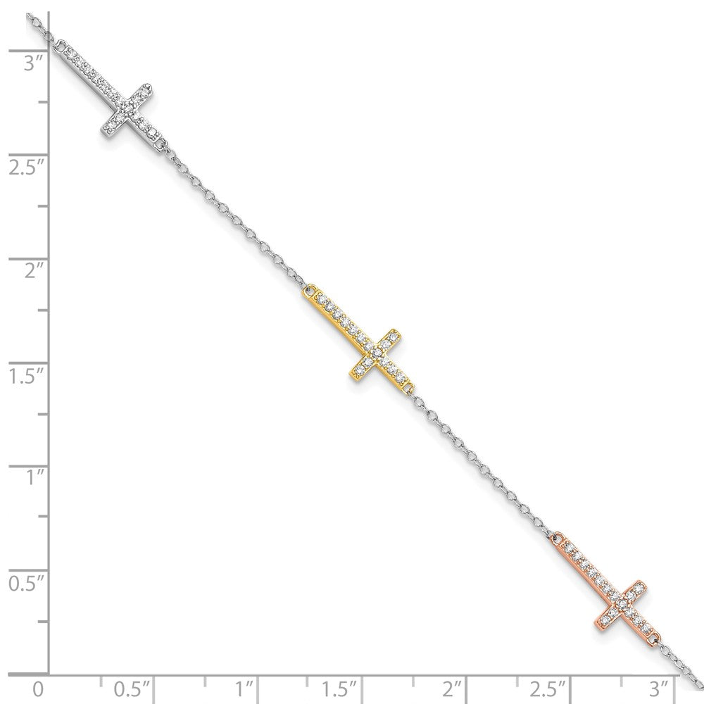 Sterling Silver Rhod-plated Gold/Rose-tone CZ Cross w/1in ext. Bracelet