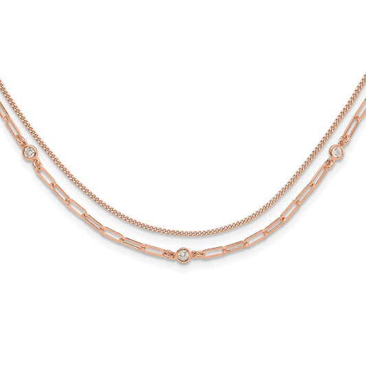 Sterling Silver Rose Gold-plated CZ 2 Strand 17in w/2in ext. Necklace