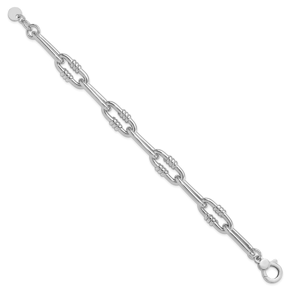 Sterling Silver Rhodium-plated Hollow Paperclip Link w/.5in Ext Bracelet