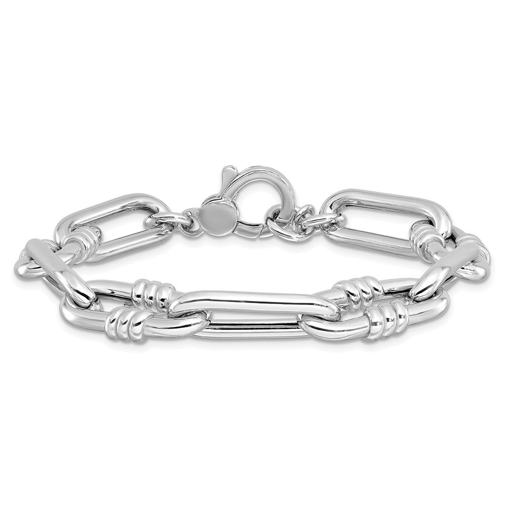 Sterling Silver Rhodium-plated Hollow Paperclip Link w/.5in Ext Bracelet