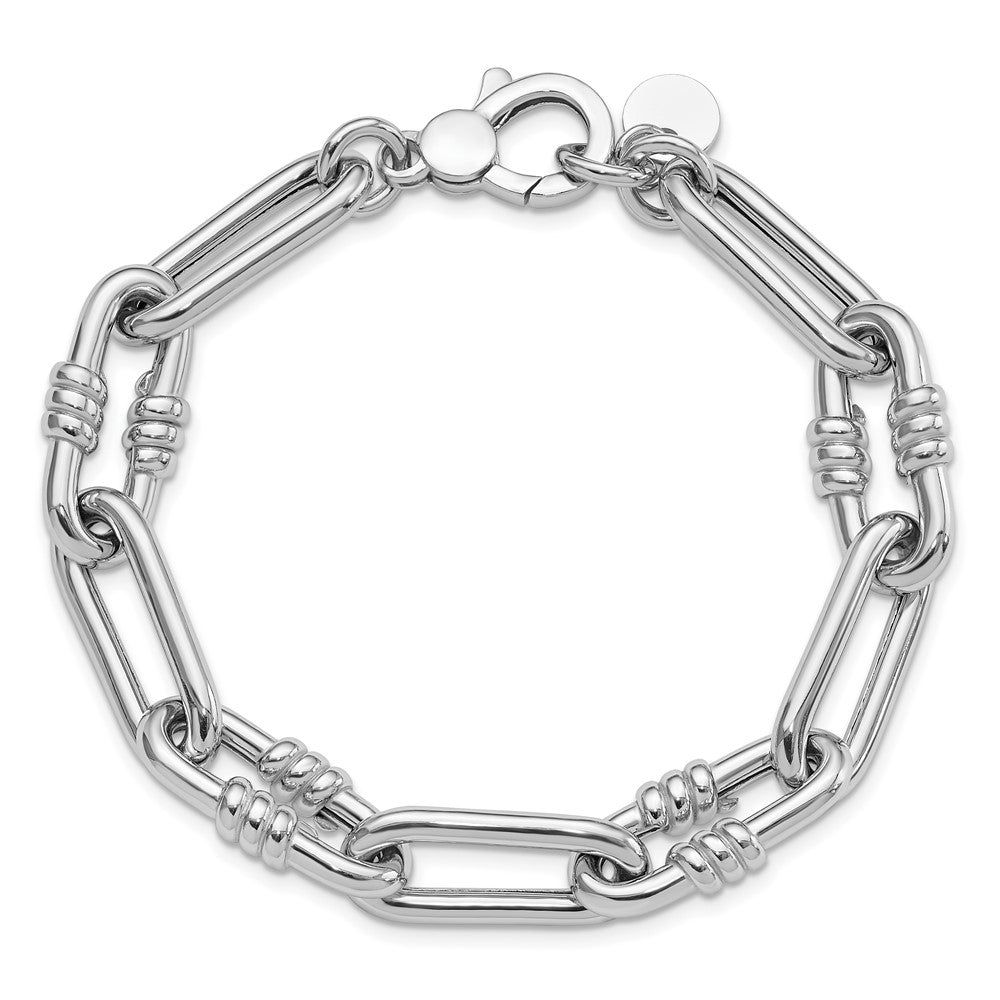 Sterling Silver Rhodium-plated Hollow Paperclip Link w/.5in Ext Bracelet