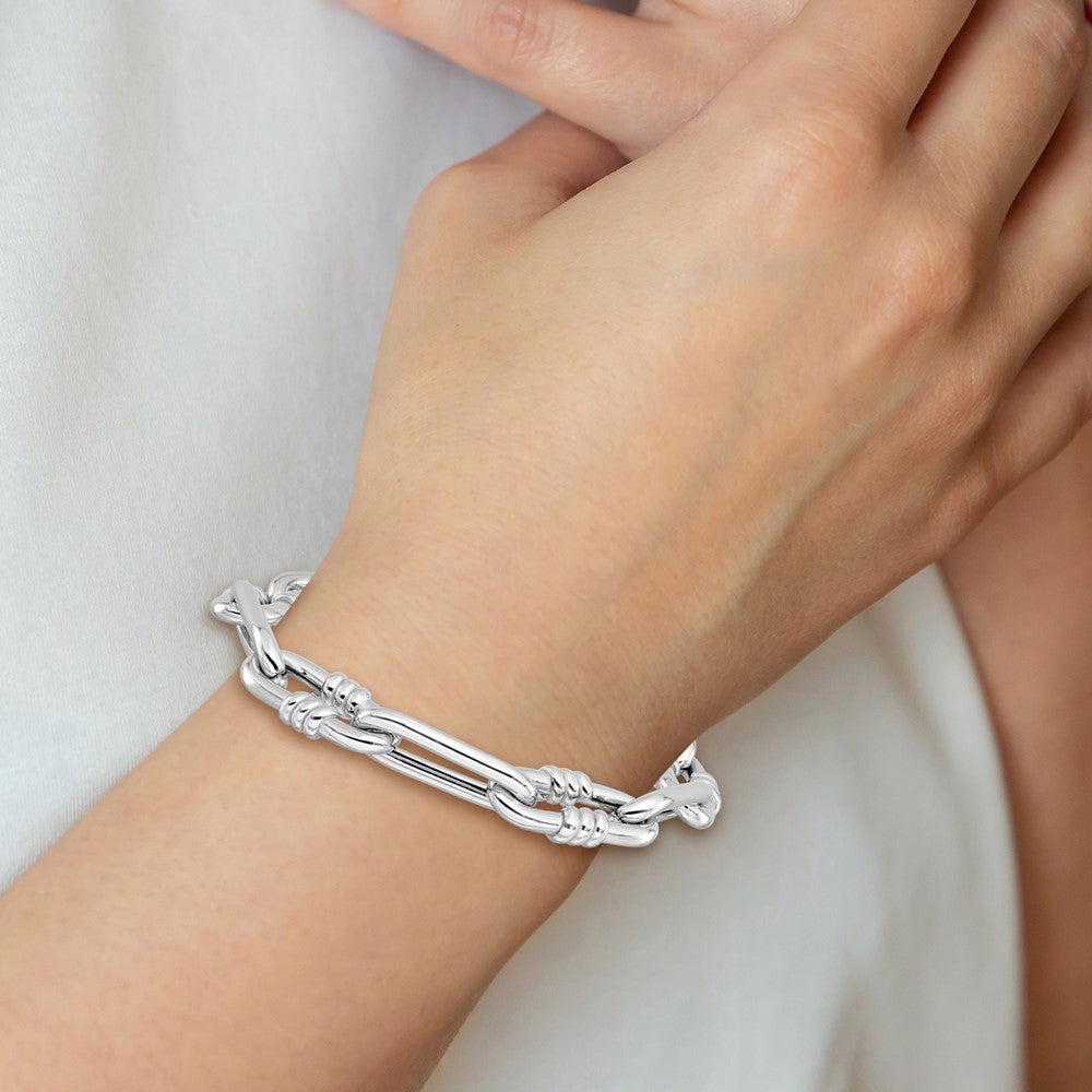 Sterling Silver Rhodium-plated Hollow Paperclip Link w/.5in Ext Bracelet
