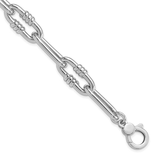 Sterling Silver Rhodium-plated Hollow Paperclip Link w/.5in Ext Bracelet